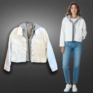 Athleta Jacket Womens Medium‎ White Denim Trucker Hooded Zip In Vest Layered